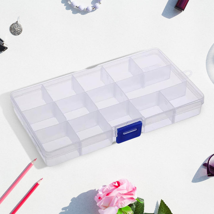 15 Grids Jewelry Organizer Plastic Jewelry Organizer Box Clear Jewelry Organizer Box Plastic Bead Organizers with Adjustable Dividers for Herbs Pills Bead, Jewelry, and Other Small Item (1 Pc) - Springkart 