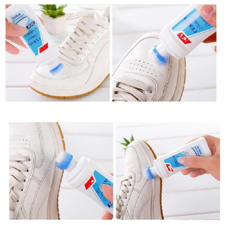 White Shoe Brightener with Removal of Dirt and Whitening Function White Shoes Cleaner with Brush Head for Dirty Shoe Polish Natural Waxes (75 ML) - Springkart 