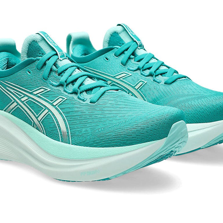 The ASICS GEL-NIMBUS 27 for women with advanced cushioning, breathable mesh upper, and sleek lace-up design built for comfort and performance