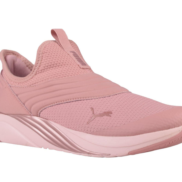 Side view of PUMA Women's Running Slip-On Sneakers, highlighting the breathable upper, cushioned midsole, durable outsole, and iconic PUMA logo, designed for comfort and performance in running and active wear.
