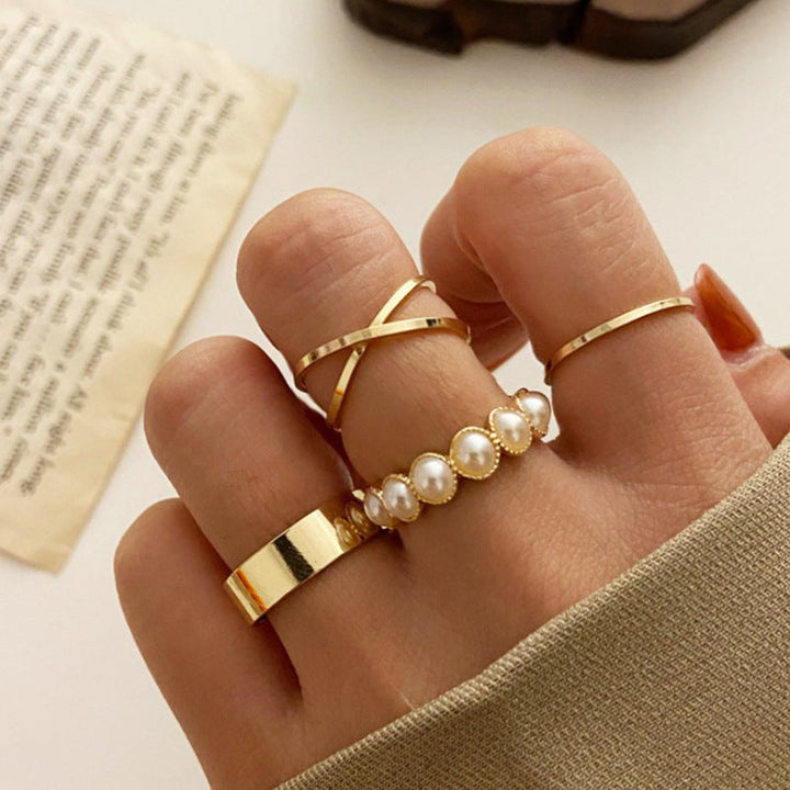 Vembley Stunning 4 Pcs Pearl, Cross , Knuckle and Plain Ring Set for Women and Gilrs