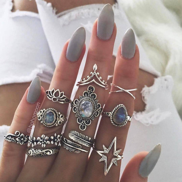 Silver Plated Eleven Piece Star Floral Multi Designs Ring Set For Women and Girls