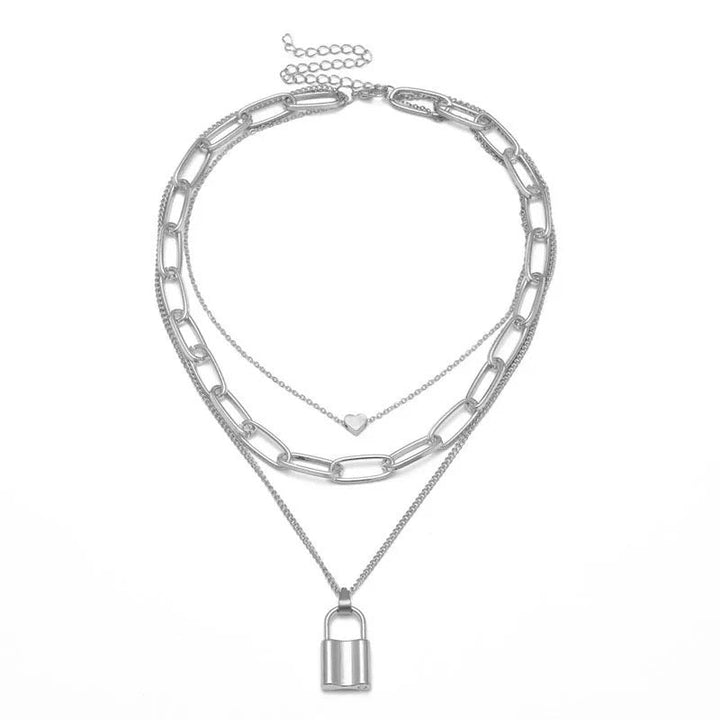 Silver Layered Heart and Lock Pendant