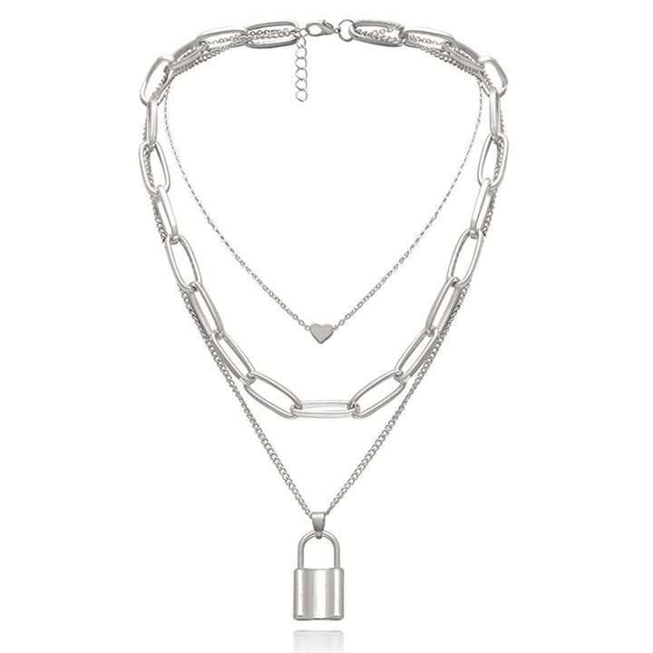 Silver Layered Heart and Lock Pendant