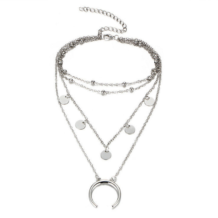 Silver Plated Layered Beads Half Moon Pendant