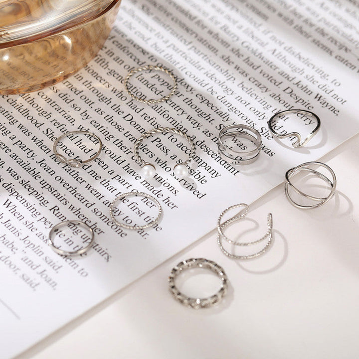 Vembley Silver Plated 10 Piece Infnity Chain Pearl Cross Ring Set For Women and Girls
