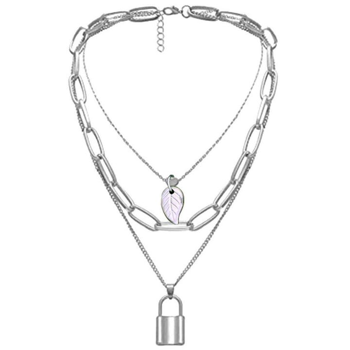 Triple Layered Silver Lock and Leaf Pendant