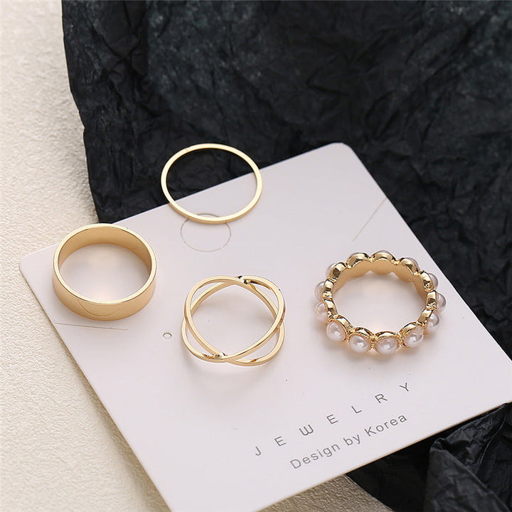 Vembley Stunning 4 Pcs Pearl, Cross , Knuckle and Plain Ring Set for Women and Gilrs