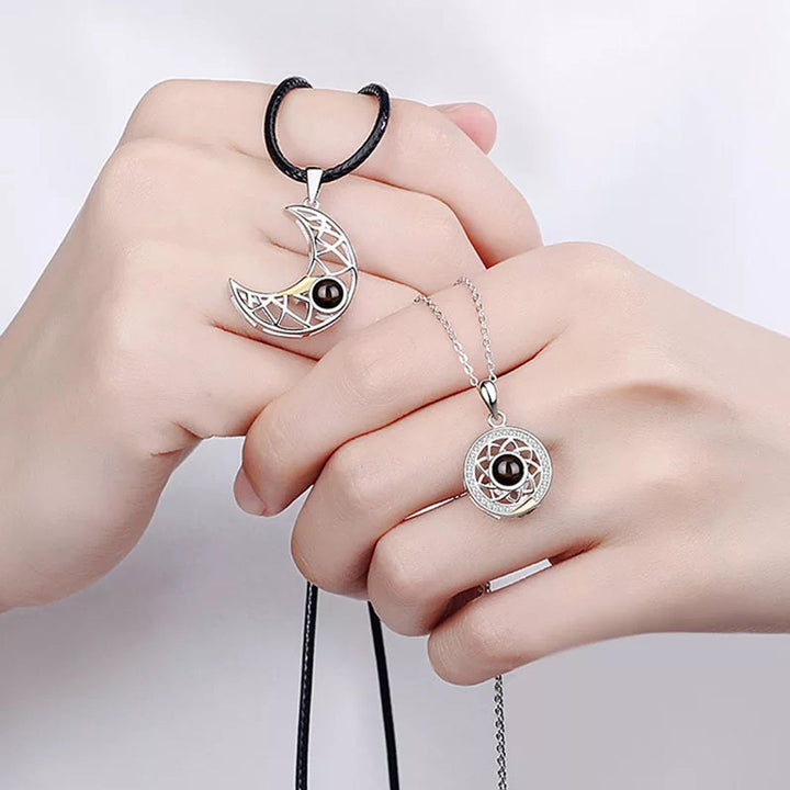Sun and Moon Magnetic Necklace for Couples saying "I Love You" in 100 languages