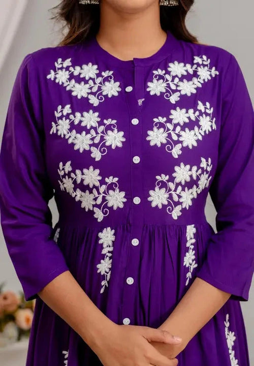 Women Rayon Anarkali Embroidered VioletKurti