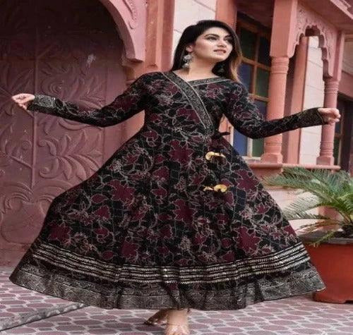 Stylish Floral Printed Anarkali Style Ankle Length Gown Kurti with Dori - Springkart 