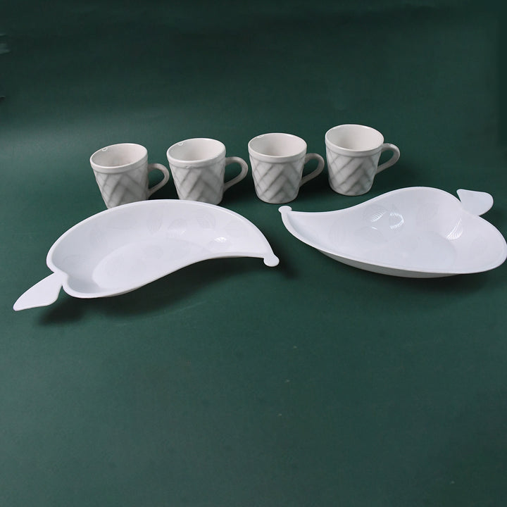 Unibic Ceramic Tea Cups With Plastic Leaf Shape Tray  Platter (6 Pcs Set)