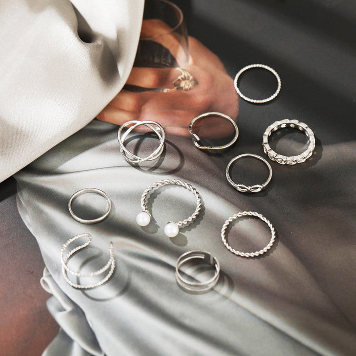 Vembley Silver Plated 10 Piece Infnity Chain Pearl Cross Ring Set For Women and Girls