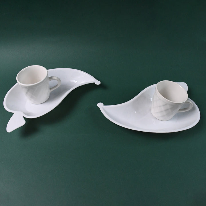Unibic Ceramic Tea Cups With Plastic Leaf Shape Tray  Platter (6 Pcs Set)