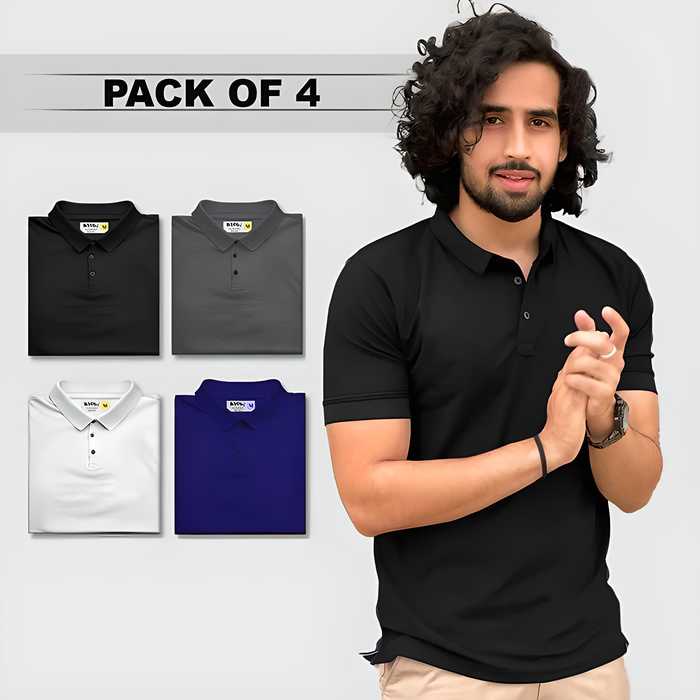 Poly Matte Solid Half Sleeves Mens Polo T-Shirt Pack Of 4