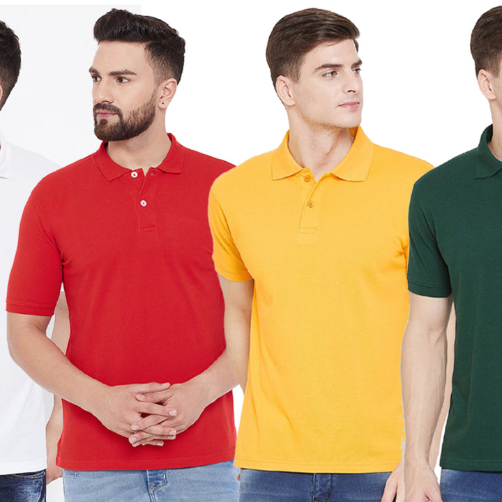 Cotton Blend Solid Half Sleeves Mens Polo Neck T-Shirt (Pack of 4)