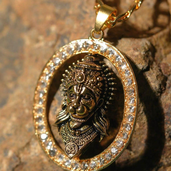 Gold-plated Hanuman Face Diamond Alloy Pendant Locket Set