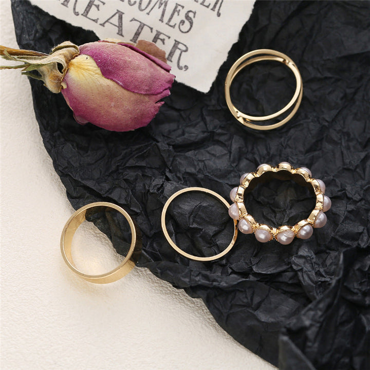 Vembley Stunning 4 Pcs Pearl, Cross , Knuckle and Plain Ring Set for Women and Gilrs