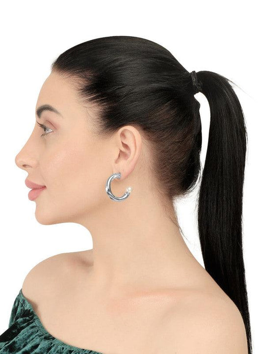 Trendy Silver Plated Holding Pearl Hoop Earrings For Women and Girls - Vembley