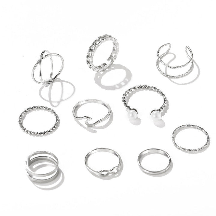 Vembley Silver Plated 10 Piece Infnity Chain Pearl Cross Ring Set For Women and Girls
