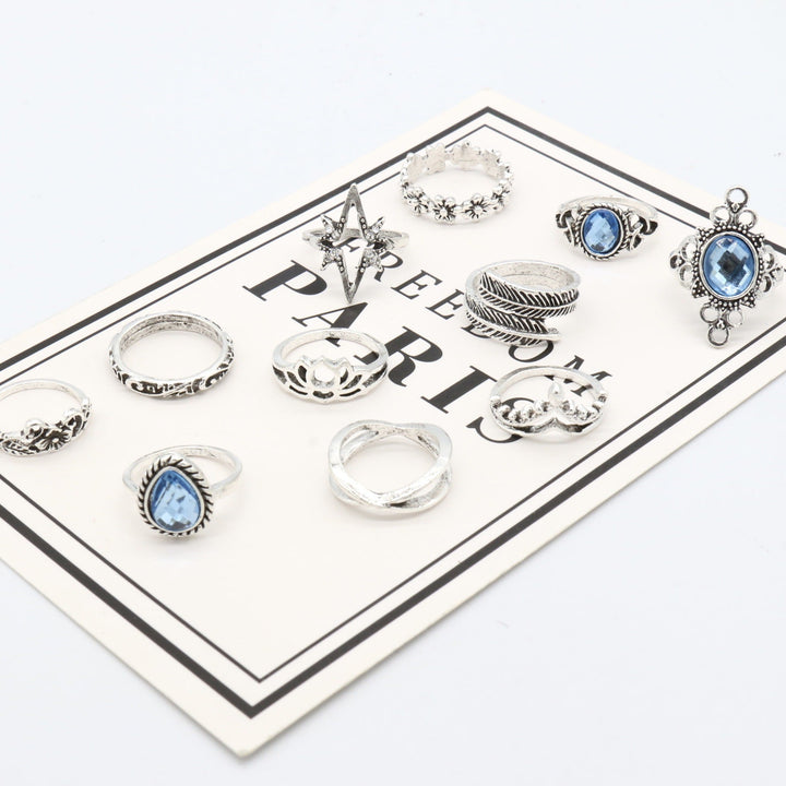Silver Eleven Piece Star Floral Multi Designs Ring Set