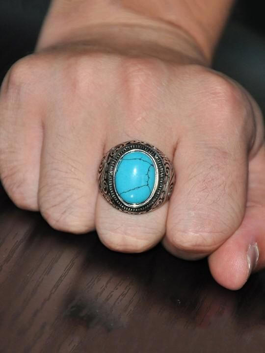 Men Silver-Plated Blue Stone Studded Oxidized Ring