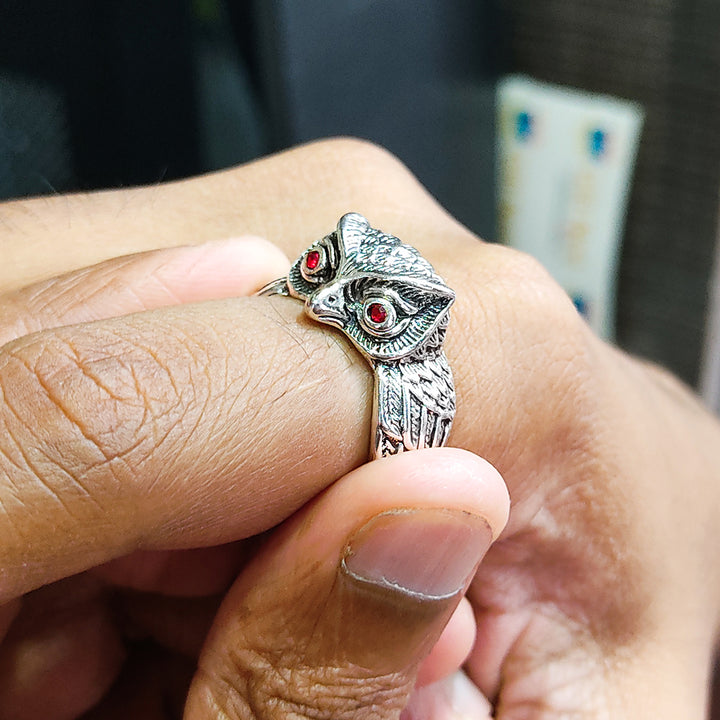 Saizen Silver Rings for Men Owl Face Ring