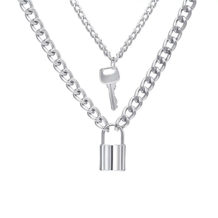 Silver Plated Double Layered Lock and Key Pendant