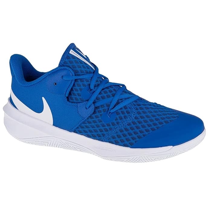 A side-angle view of Nike Zoom Hyperspeed Court women's indoor footwear showcasing the breathable upper Zoom Air cushioning and durable outsole designed for court agility placed on a clean background.