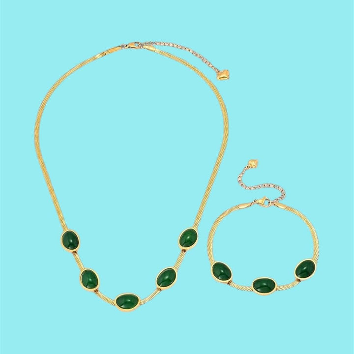 Oval Green Crystal Pendant Necklace Set With Bracelet