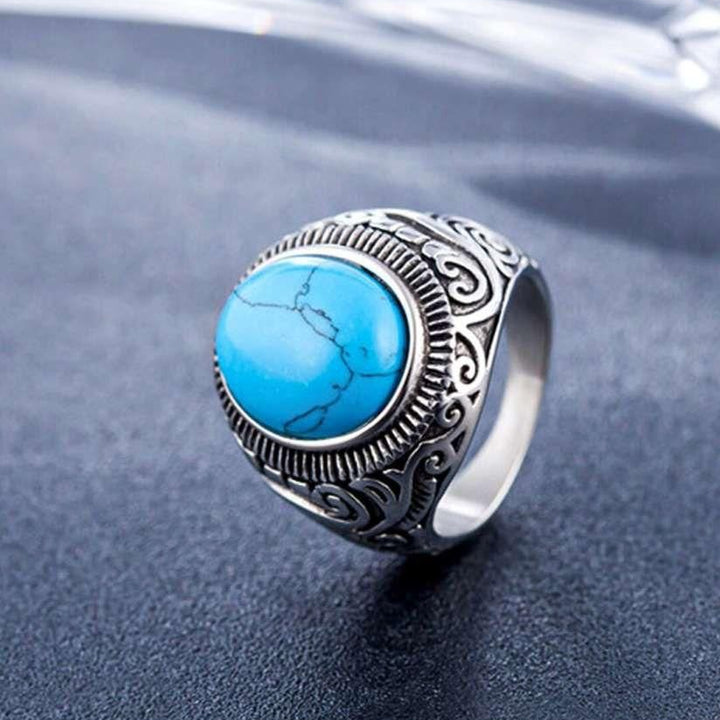 Men Silver-Plated Blue Stone Studded Oxidized Ring