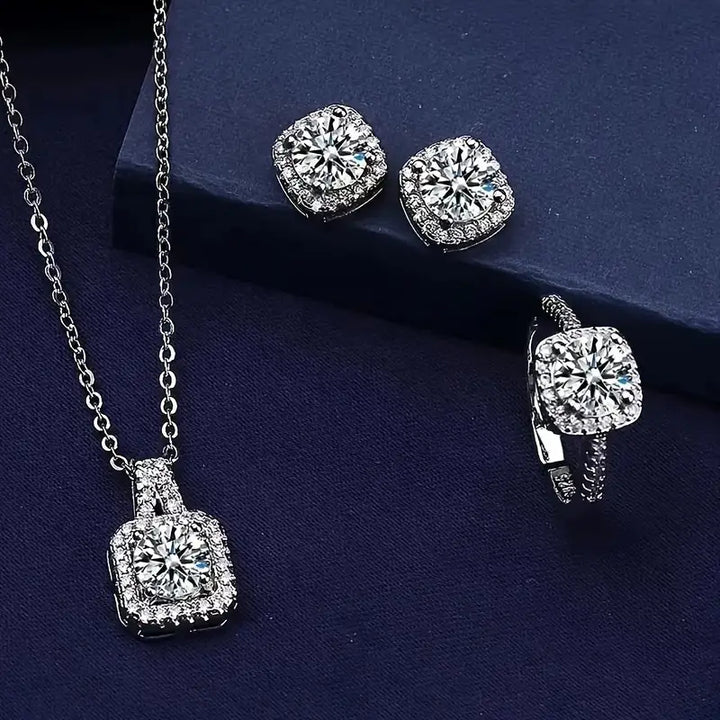 Zirconia Cuboid Jewelry Set Earrings, Pendant & Ring