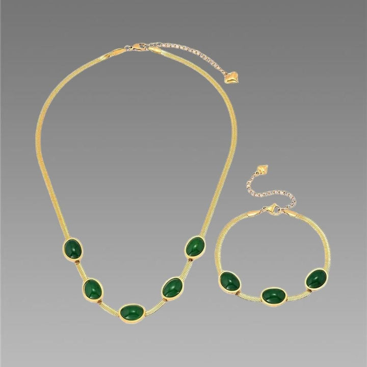 Oval Green Crystal Pendant Necklace Set With Bracelet