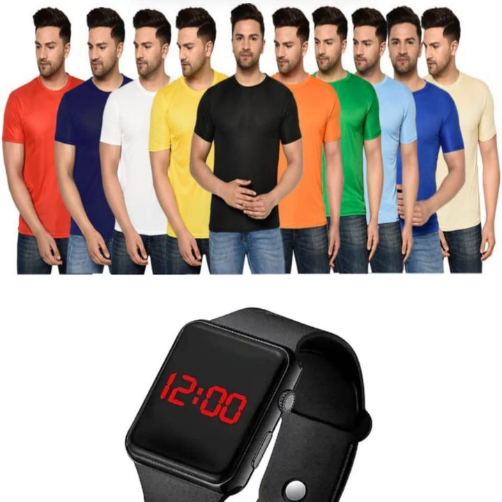 Pack of 10 Half Sleeves Round Neck T-shirts with Free Digital Watch