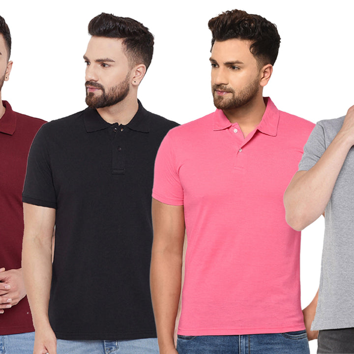 Cotton Blend Solid Half Sleeves Mens Polo Neck T-Shirt (Pack of 4)