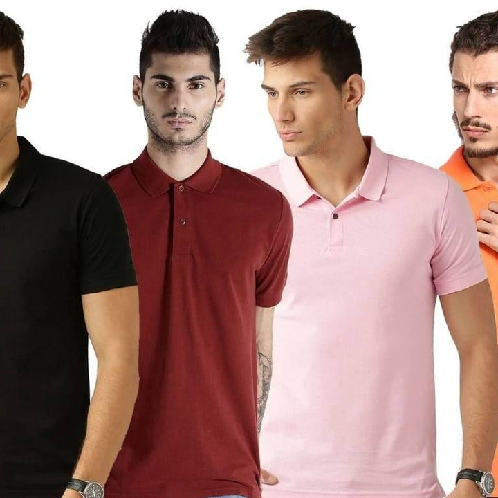 Cotton Blend Solid Half Sleeves Mens Polo Neck T-Shirt (Pack of 4)