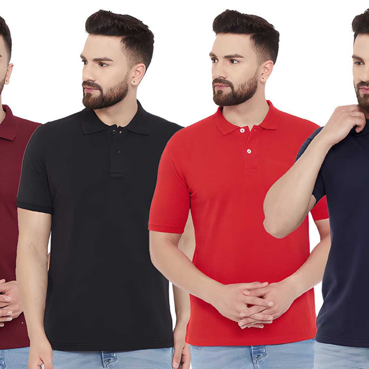 Cotton Blend Solid Half Sleeves Mens Polo Neck T-Shirt (Pack of 4)