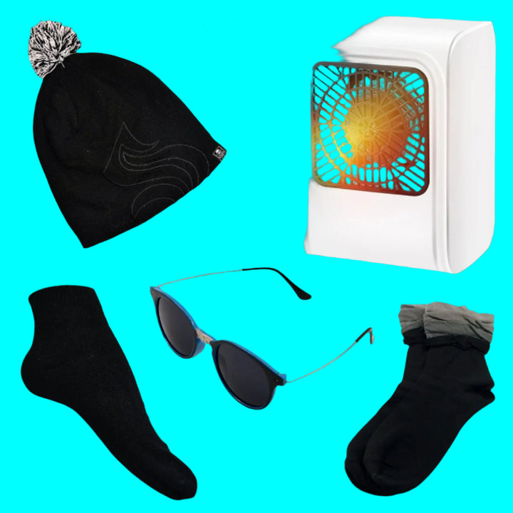 Winter Warm Set- Bennie Hat Room Heater Sunglasses And Socks (5 Pcs Combo)
