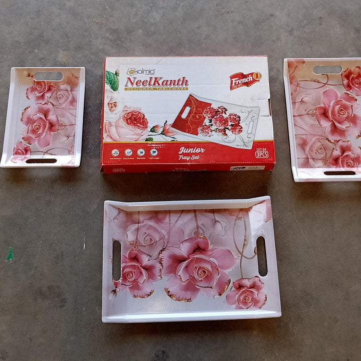2292 Plastic Rectangular Shape Flower Printed Design Serving Tray 3 Pcs Home And Kitchen Use (3 Pcs Set)