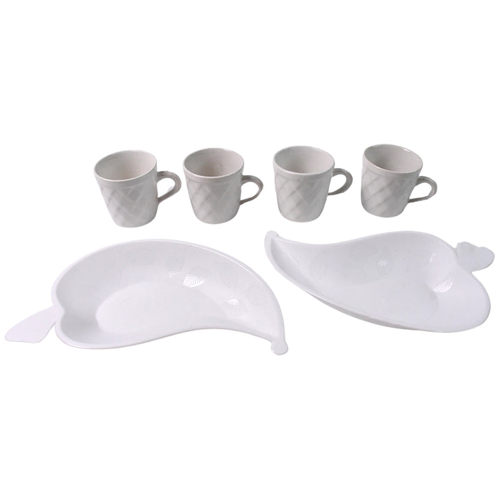 Unibic Ceramic Tea Cups With Plastic Leaf Shape Tray  Platter (6 Pcs Set)
