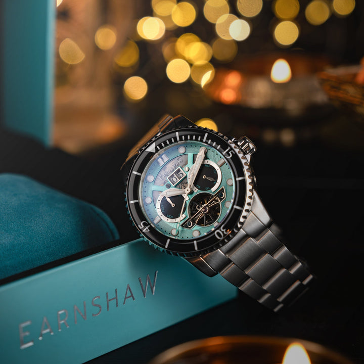 Earnshaw Duncan Grand Date Open Heart Automatic Diwali Limited Edition Turquoise Steel