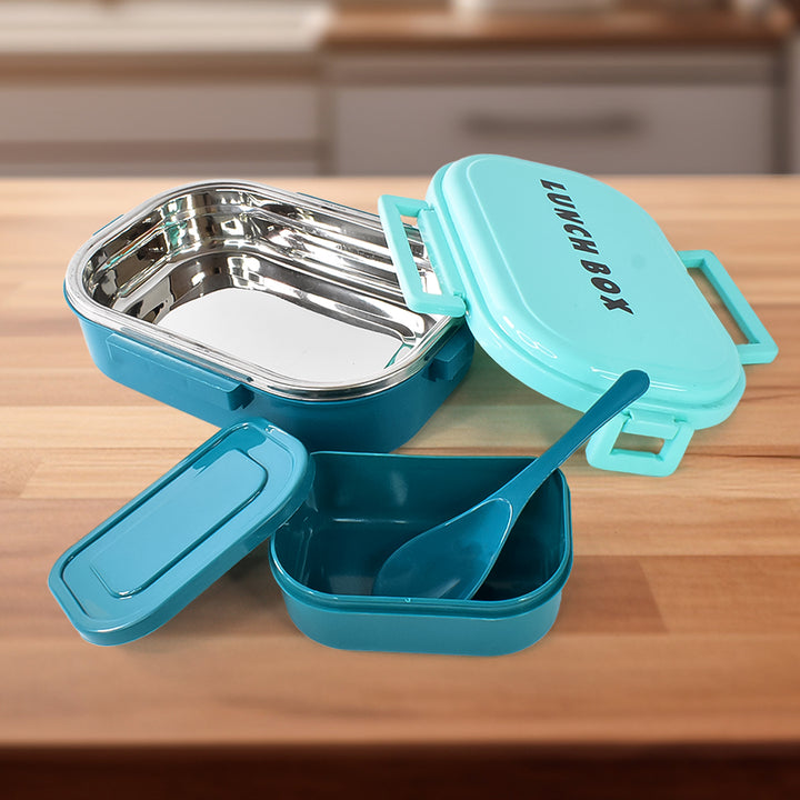 3 In 1 Spicy Bite Stainless Steel Lunch Box With Plastic Small Box  Spoon (1 Set)