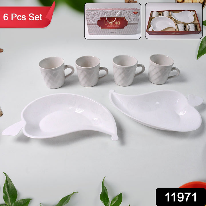 Unibic Ceramic Tea Cups With Plastic Leaf Shape Tray  Platter (6 Pcs Set)
