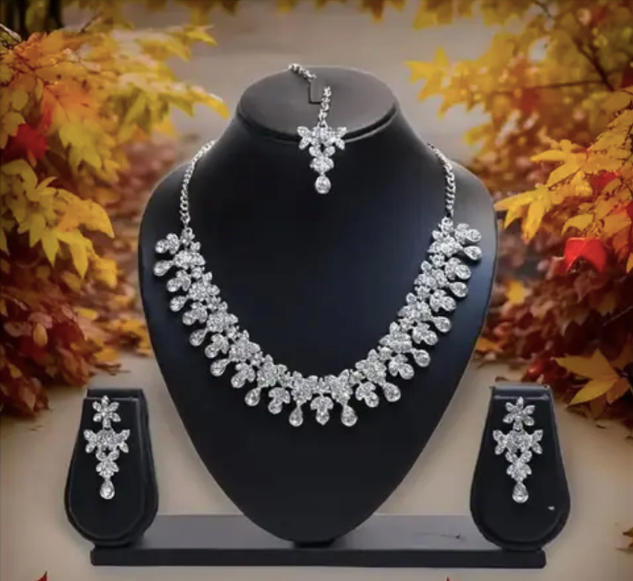 Silver Plated Necklace Set With White American Diamond:- Limited offer