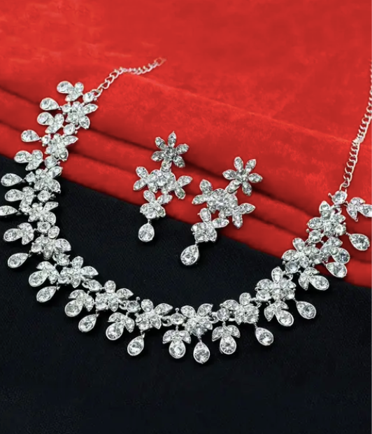 Silver Plated Necklace Set With White American Diamond:- Limited offer