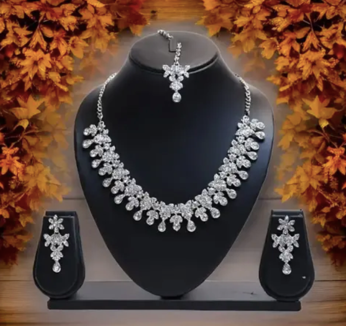 Silver Plated Necklace Set With White American Diamond:- Limited offer