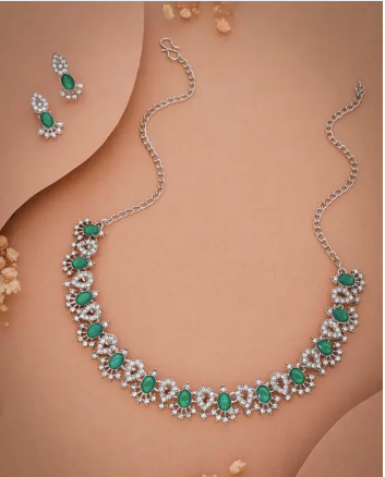 Stylish silver Choker necklase set with Same colour Earings