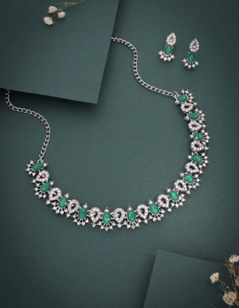 Stylish silver Choker necklase set with Same colour Earings