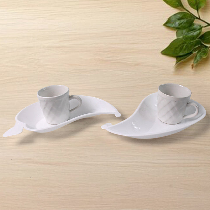 Unibic Ceramic Tea Cups With Plastic Leaf Shape Tray  Platter (6 Pcs Set)