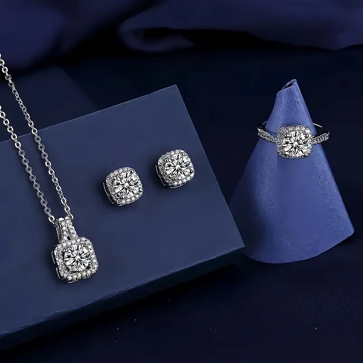 Zirconia Cuboid Jewelry Set Earrings, Pendant & Ring